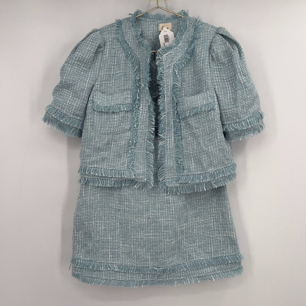 Lena Light Blue Tweed Fringed Jacket and Skirt Set